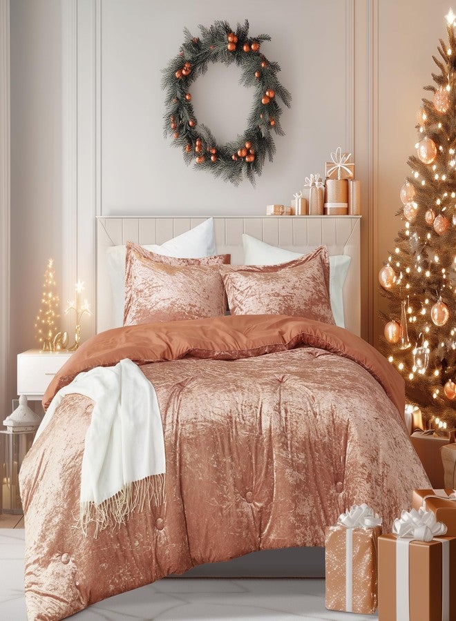 كومفورت سبيسيس طقم لحاف فاخر من كومفورت سبيسز، لحاف مخملي مزدوج، وجه من المايكروفايبر، تصميم جولييت، طقم سرير مخملي مناسب لجميع الفصول، طقم سرير فاخر، غطاء وسادة، مقاس مزدوج/مزدوج كبير، لون برتقالي محروق، قطعتان - Image 1