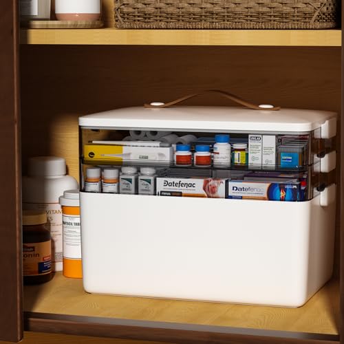 JOYBOS 3-Tier Medicine Storage Box Cabinet, Empty First Aid Kit Portable Medical Supply Organizer with Leather Handle for Home 3-Tier Medicine Storage Box - Image 1