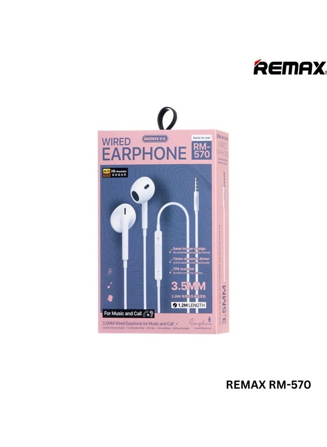 REMAX - RM570 Wired Earphones with 3.5mm, Headphone, Earbuds, Built-in Microphone & Volume Control for Music and Call, Phones and Computer, Desktop, White - Image 1
