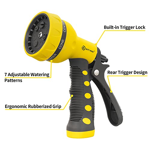 AUTOMAN-Garden-Hose-Nozzle,ABS Water Spray Nozzle with Heavy Duty 7 Adjustable Watering Patterns,Slip Resistant for Watering Plants,Lawn& Garden,Washing Cars,Cleaning,Showering Pets - Yellow - Image 2