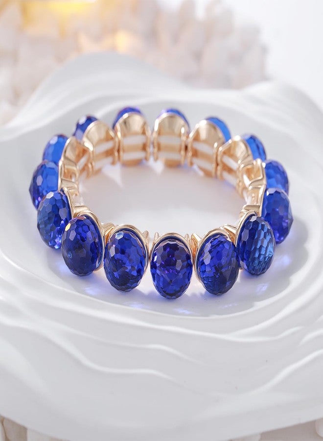 DS Stretch Bracelet for Women - Crystal Rhinestone Elastic Bangle - Gold & Bronze Statement Jewelry - Perfect for Wedding, Bride, Prom - Gift Box Packaging (Navy Blue) - Image 3