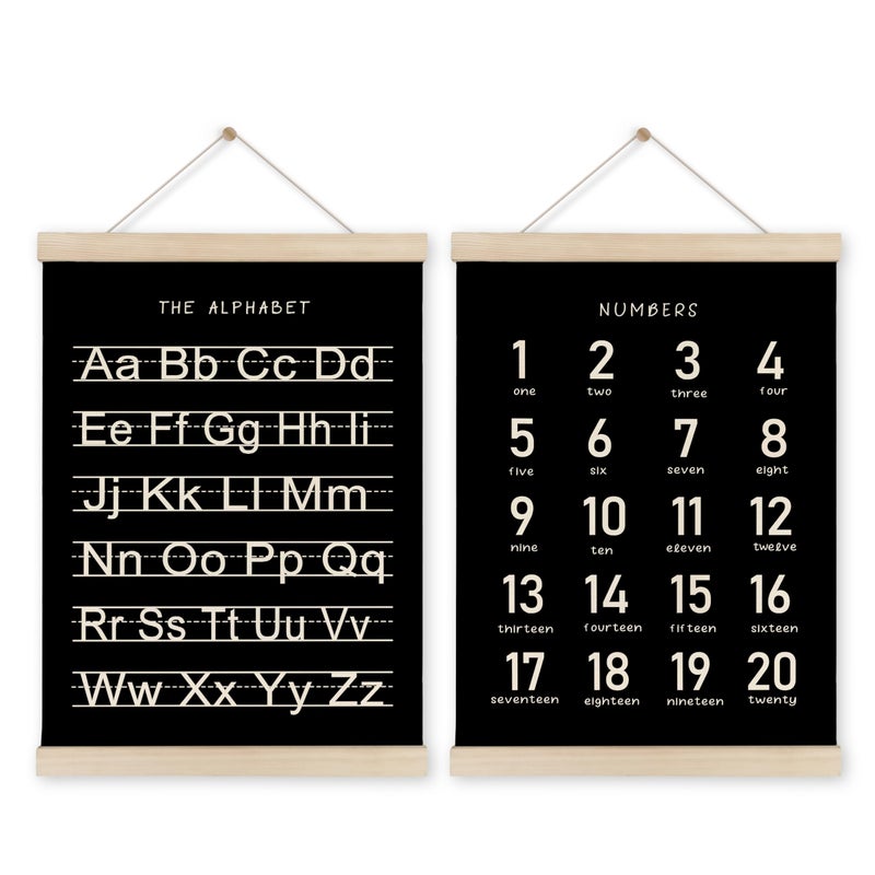 HRQKO Black Alphabet Numbers Poster Hanger Frame Set of 2  Nursery Wall Decor  ABC Poster Wall Art with Wooden Frames  Alphabet Banner Wall Hanging Decor for Playroom Boy Toddler Room  12x16 Inch - Image 1