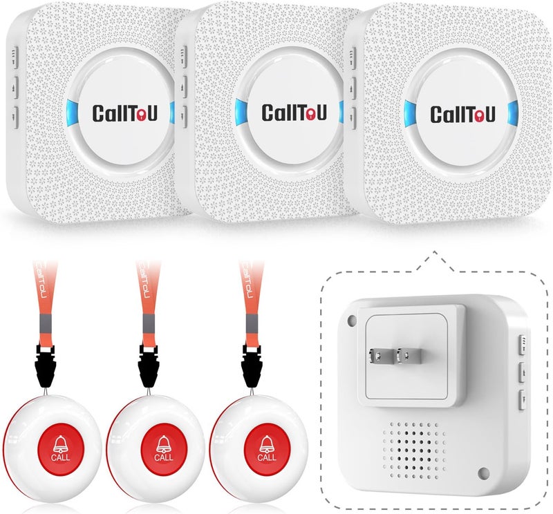 CallToU Caregiver Pager Elderly Alert Call Button for Seniors Smart Patient Call Bell Wireless Emergency Button System Adult Monitors at Home 3 Plugin Receivers 3 Waterproof Portable Transmitters - Image 1
