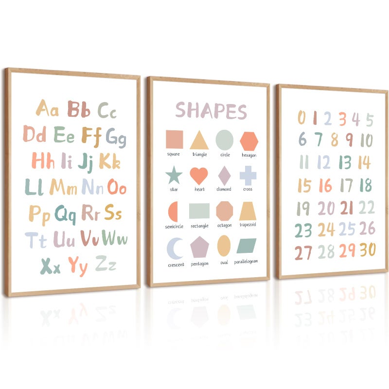 Pennclys Kids Playroom Wall Art Decor Nursery ABC Alphabet Poster Play Room Canvas Wall Decor Toddler Childrens Educational Artwork Numbers Shapes Prints ABC Picture for Playroom 12x16 Inch Unframed Set of 3 - Image 1