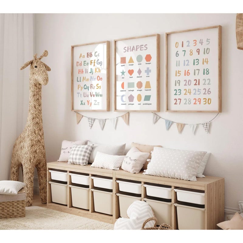 Pennclys Kids Playroom Wall Art Decor Nursery ABC Alphabet Poster Play Room Canvas Wall Decor Toddler Childrens Educational Artwork Numbers Shapes Prints ABC Picture for Playroom 12x16 Inch Unframed Set of 3 - Image 3