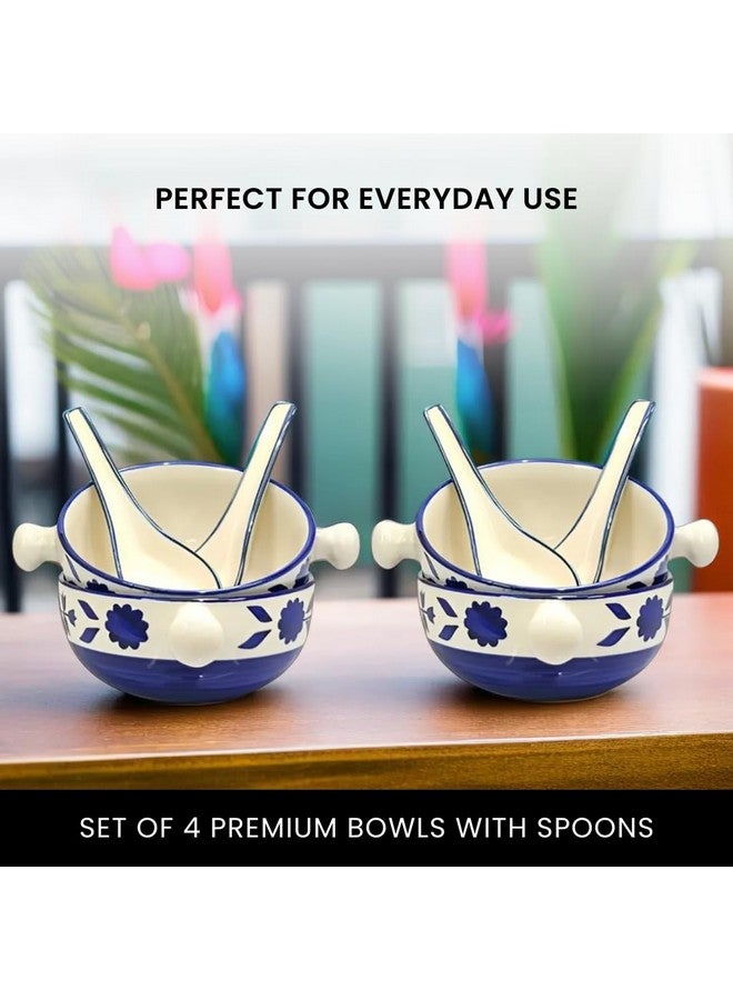 Kittens KITTENS Ceramic Soup Bowls 350ml - Set of 4 - Handpainted Blue Floral with Spoons | Microwave & Dishwasher Safe | Food Grade | Ideal for Soup, Maggi, Pasta, Snacks & Daily Use  - Image 4