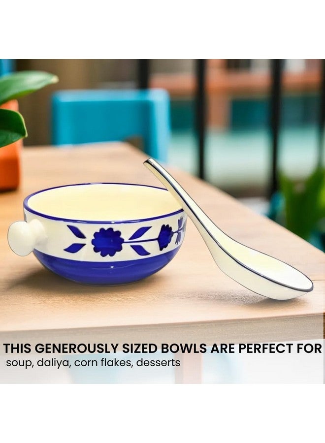 Kittens KITTENS Ceramic Soup Bowls 350ml - Set of 4 - Handpainted Blue Floral with Spoons | Microwave & Dishwasher Safe | Food Grade | Ideal for Soup, Maggi, Pasta, Snacks & Daily Use  - Image 2