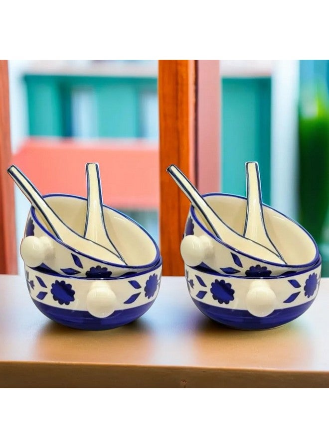 Kittens KITTENS Ceramic Soup Bowls 350ml - Set of 4 - Handpainted Blue Floral with Spoons | Microwave & Dishwasher Safe | Food Grade | Ideal for Soup, Maggi, Pasta, Snacks & Daily Use  - Image 1