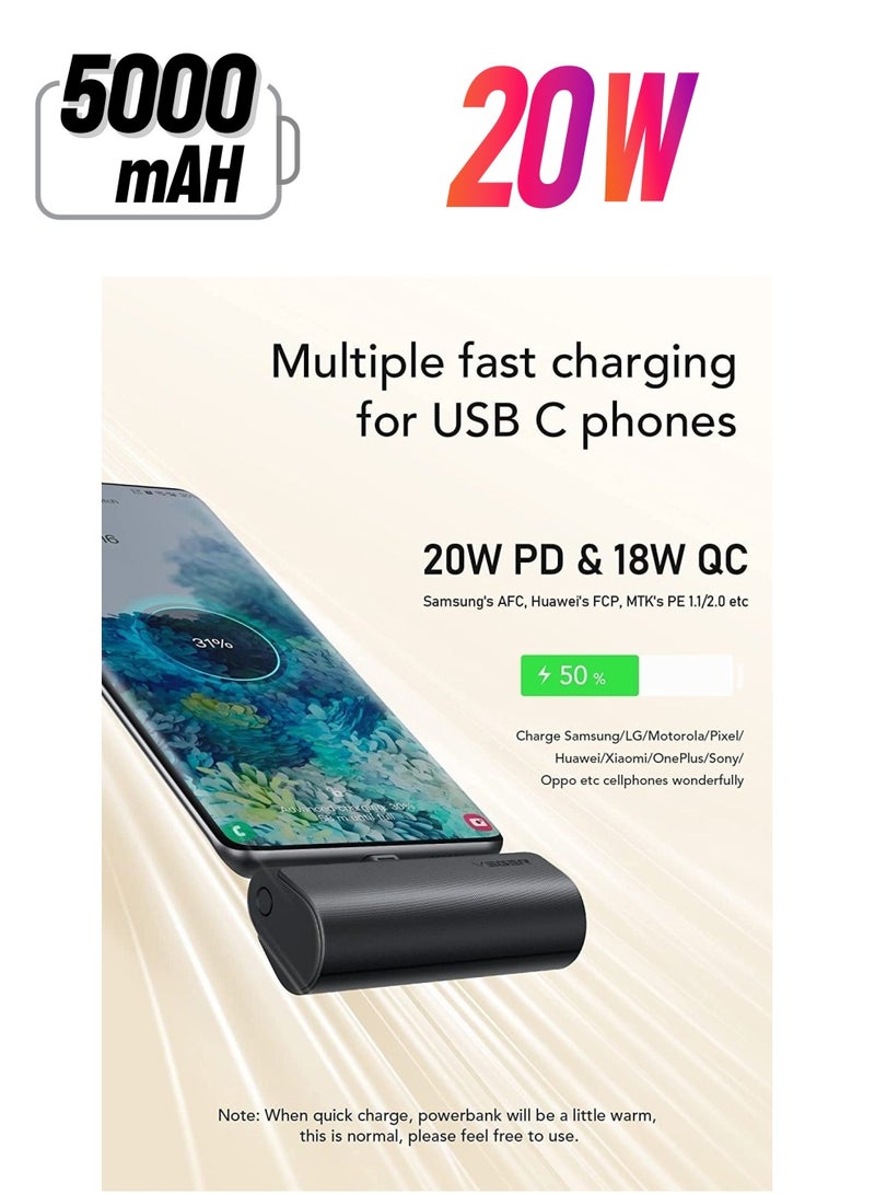 فيجير بنك طاقة صغير VEGER بقدرة 5000 مللي أمبير في الساعة، شاحن محمول سريع الشحن بقدرة 20 وات، حزمة بطارية USB C متوافقة مع هواتف USB C وهواتف Samsung Huawei Pixel والمزيد، أسود - Image 1