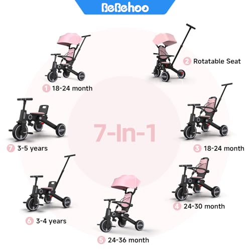 Bebehoo Tricycle Stroller for ToddlerFoldable Baby TricycleKids Balance Bike with Push HandleToddlers Stroller Bike with 1 to 5 Years7in1 Push Tricycle Bike for Kids Pink - Image 5