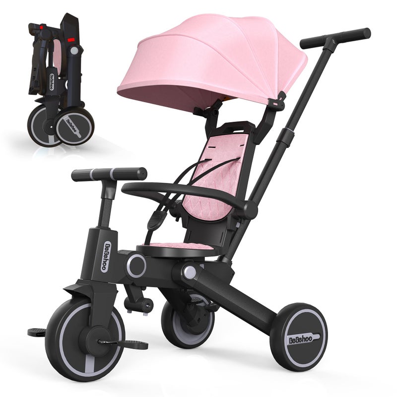 Bebehoo Tricycle Stroller for ToddlerFoldable Baby TricycleKids Balance Bike with Push HandleToddlers Stroller Bike with 1 to 5 Years7in1 Push Tricycle Bike for Kids Pink - Image 2
