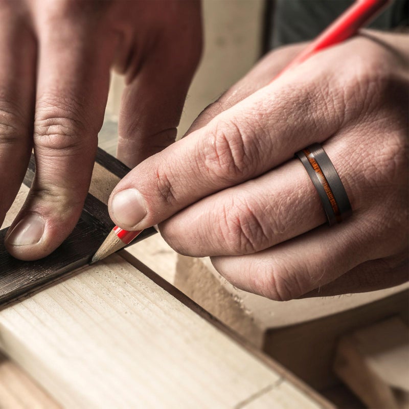 King Will 8mm Wood Inlaid Tungsten Carbide Wedding Ring Brushed or hammered Black Unisex Engagement Ring 11.5 - Image 4