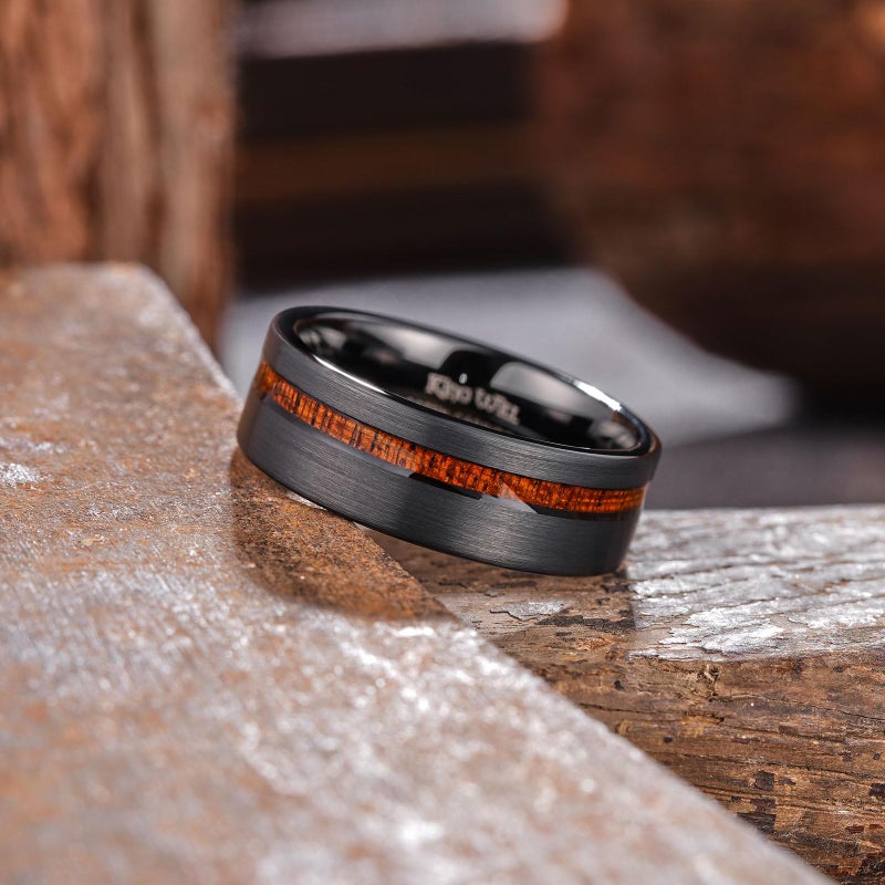 King Will 8mm Wood Inlaid Tungsten Carbide Wedding Ring Brushed or hammered Black Unisex Engagement Ring 11.5 - Image 3