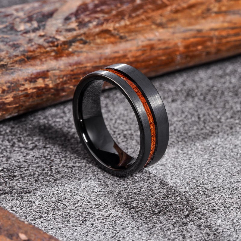 King Will 8mm Wood Inlaid Tungsten Carbide Wedding Ring Brushed or hammered Black Unisex Engagement Ring 11.5 - Image 2