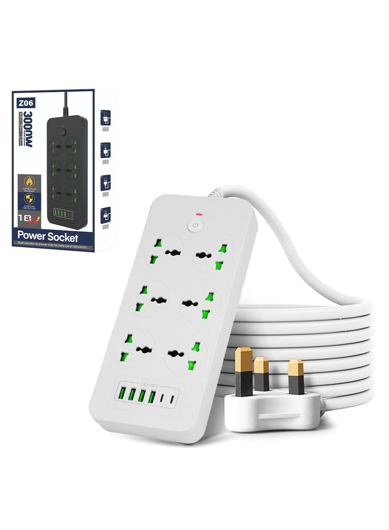 Sky View Surge Protector Power Strip- Flat Plug Extension Cord With 6 Outlets And 4 USB Ports And 2 Type-C Ports,2M Power Cord(3000W/16A/110V-265V),PC Flame Retardant Material,Pure Copper Core - Image 1