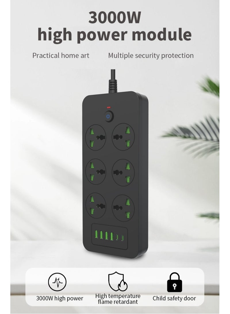 Sky View Surge Protector Power Strip- Flat Plug Extension Cord With 6 Outlets And 4 USB Ports And 2 Type-C Ports,2M Power Cord(3000W/16A/110V-265V),PC Flame Retardant Material,Pure Copper Core - Image 2