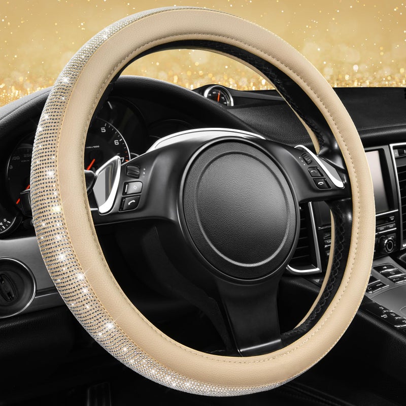 CAR PASS Bling Diamond Beige Leather Steering Wheel Cover White Sparkly Crystal Glitter Rhinestones Universal Fit 14 1215 Car Wheel Protector for Women Girl Fit SuvsVansSedansTrucks Beige