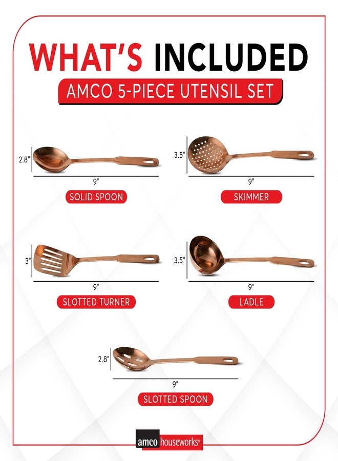 Amco 5-Piece Stainless Steel Cooking Utensil Set, Copper Finish - Includes Kitchen Ladle, Slotted Turner, Skimmer, Solid Spoons - 14" with Hanging Holes for Easy Storage, Durable Kitchen Gadgets - Image 2