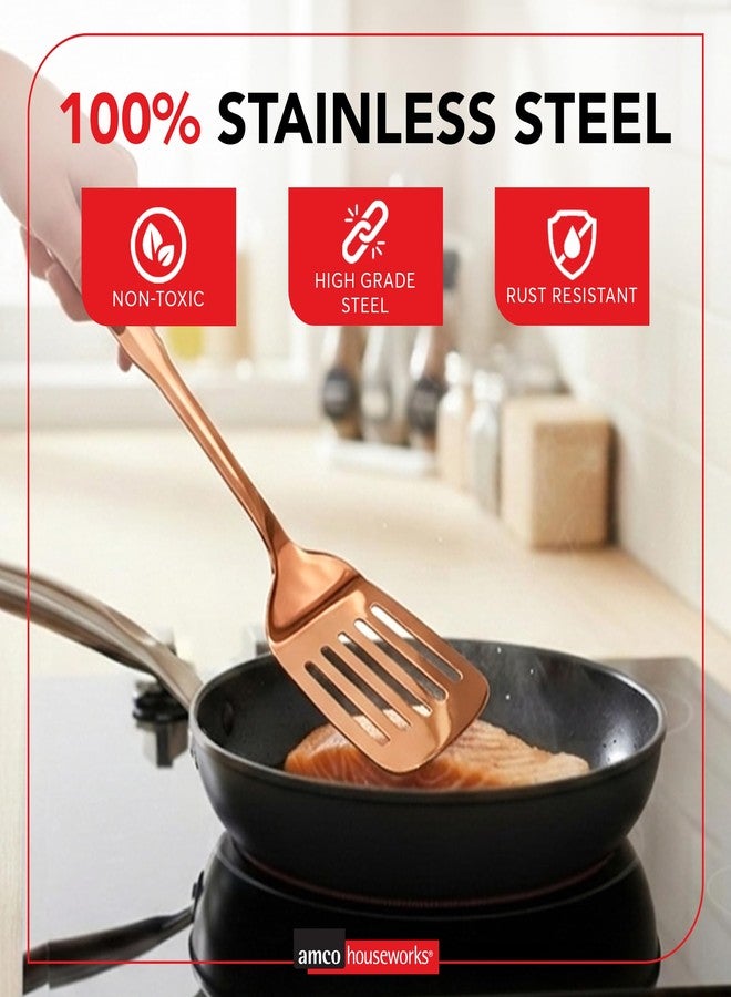 Amco 5-Piece Stainless Steel Cooking Utensil Set, Copper Finish - Includes Kitchen Ladle, Slotted Turner, Skimmer, Solid Spoons - 14" with Hanging Holes for Easy Storage, Durable Kitchen Gadgets - Image 3