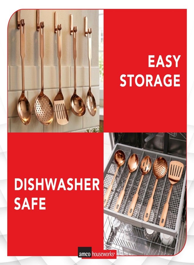 Amco 5-Piece Stainless Steel Cooking Utensil Set, Copper Finish - Includes Kitchen Ladle, Slotted Turner, Skimmer, Solid Spoons - 14" with Hanging Holes for Easy Storage, Durable Kitchen Gadgets - Image 5