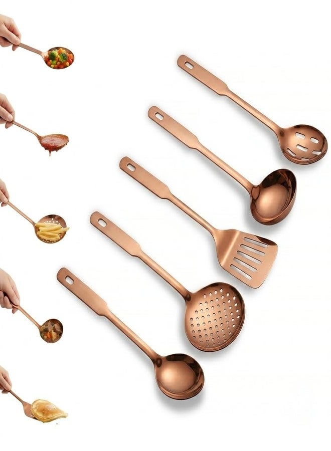 Amco 5-Piece Stainless Steel Cooking Utensil Set, Copper Finish - Includes Kitchen Ladle, Slotted Turner, Skimmer, Solid Spoons - 14" with Hanging Holes for Easy Storage, Durable Kitchen Gadgets - Image 1