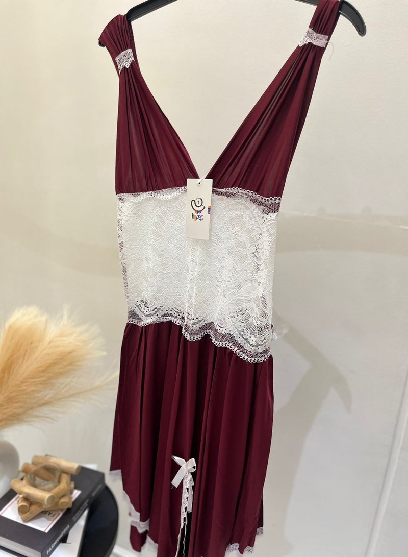 Hyper One Elegant Nightgown with Lace Details Maroon - Image 1