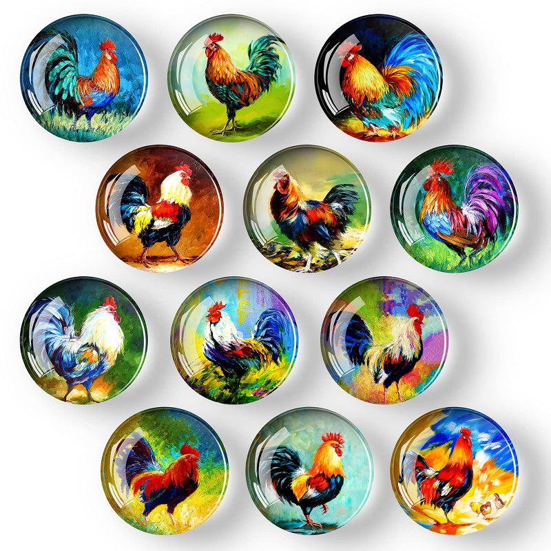 COSOW 12pcs Glass Refrigerator Magnet Set  Rooster Round Glass Fridge Decoration Office  Cabinet Magnet