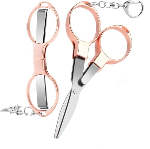 Jorunhe 2Pcs Mini Folding Scissors, Safe Portable Travel Mini Scissors, Safety Foldable Pocket Badge Small Shears All Purpose with 2 Keychain for Travel, Home, Office, Craft, Sewing (Rose Gold) - Image 1