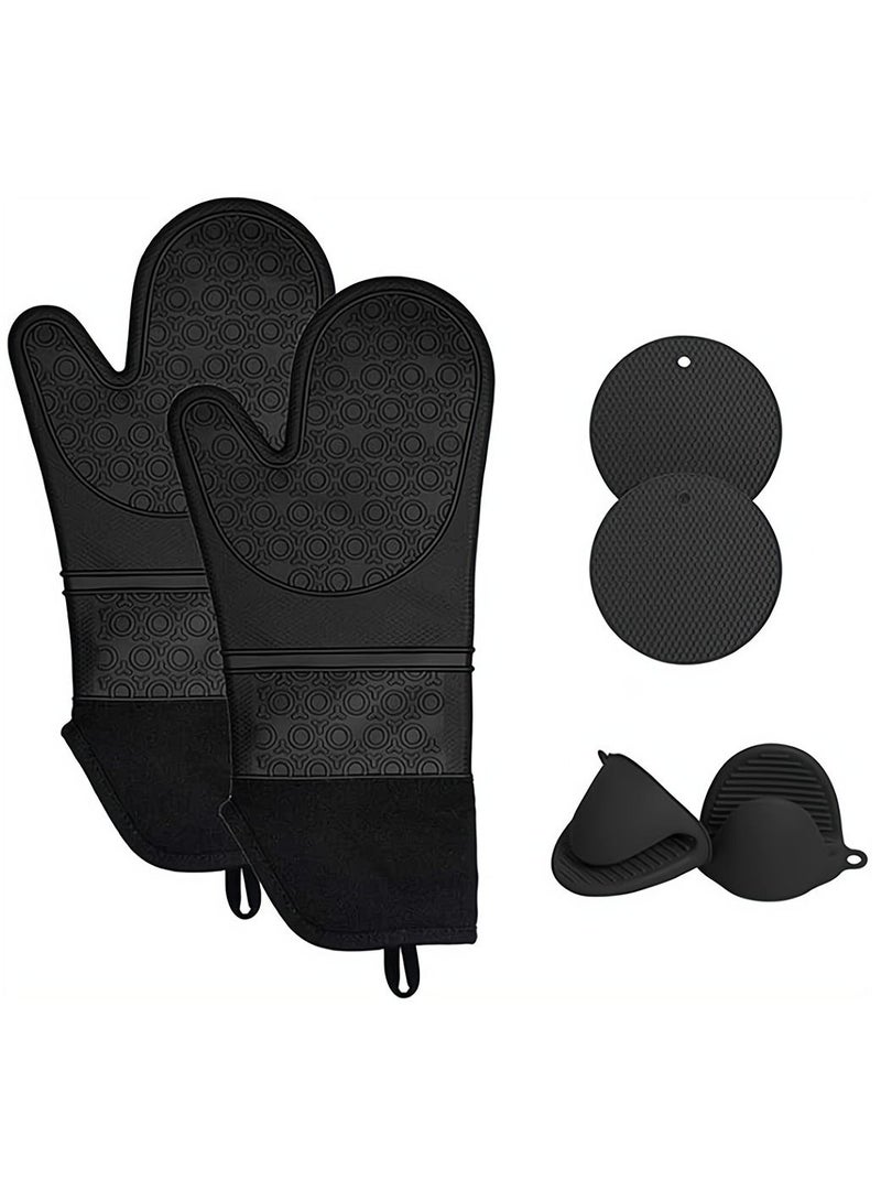 SYOSI 6 Pack Black Extra Long Silicone Kitchen Oven Mitts with Mini Oven Gloves and Hot Pads 550°F Heat Resistant Non-Slip BPA Free  - Image 1