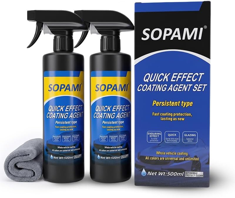 Sopami Car Coating Spray,Quick Effect Coating Agent,Quickly Coat Car Wax,Car Scratch Wax Polish Spray Waterless Wash,Oil Film Emulsion Glass Cleaner with towel (2 pcs) - Image 1