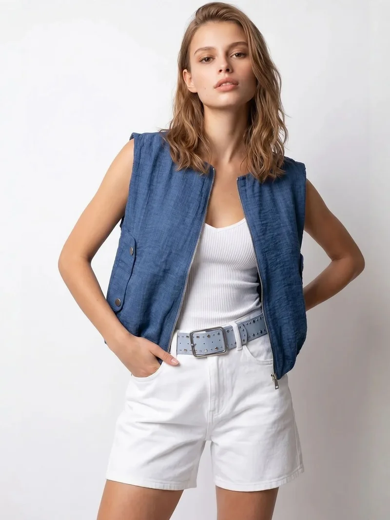 ميكسراي MIXRAY Women's Woven Poplin Waistcoat With Zip Front