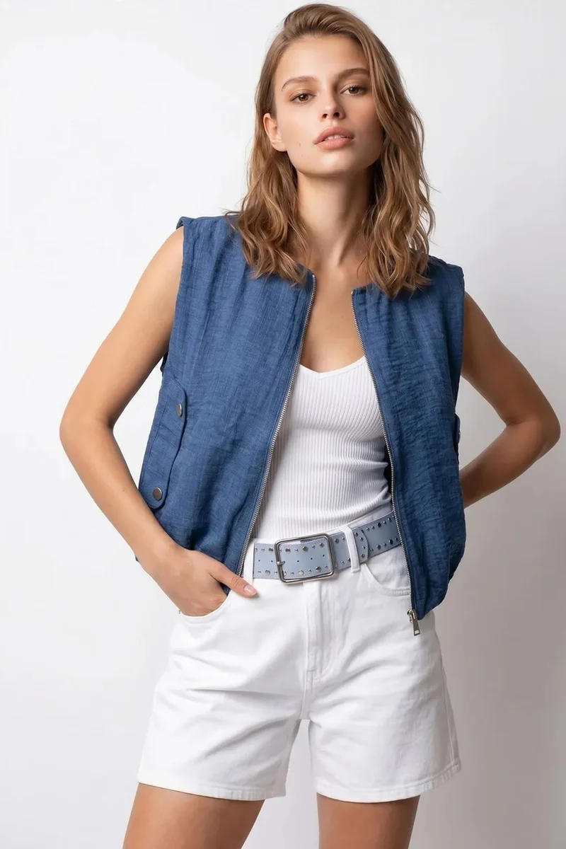 ميكسراي MIXRAY Women's Woven Poplin Waistcoat With Zip Front