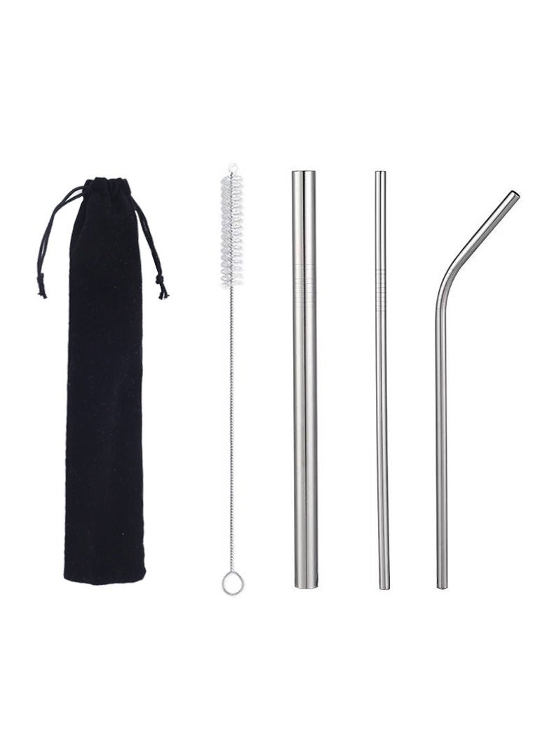 3-Piece Reusable Straw Set With Cleaning Brush And Bag Silver 