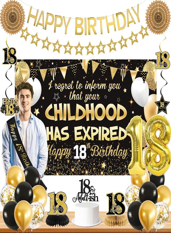 زينة عيد ميلاد روتيس الثامن عشر للأولاد والبنات، لافتة عيد ميلاد سعيد 18 باللونين الأسود والذهبي، وشاح، بالونات، قطع مركزية، زينة كعكة، لوازم حفلات "انتهت الطفولة" (18 عامًا)، خلفية تصوير - Image 1