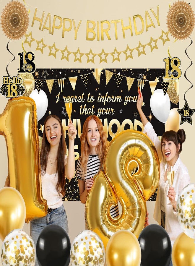 زينة عيد ميلاد روتيس الثامن عشر للأولاد والبنات، لافتة عيد ميلاد سعيد 18 باللونين الأسود والذهبي، وشاح، بالونات، قطع مركزية، زينة كعكة، لوازم حفلات "انتهت الطفولة" (18 عامًا)، خلفية تصوير - Image 3