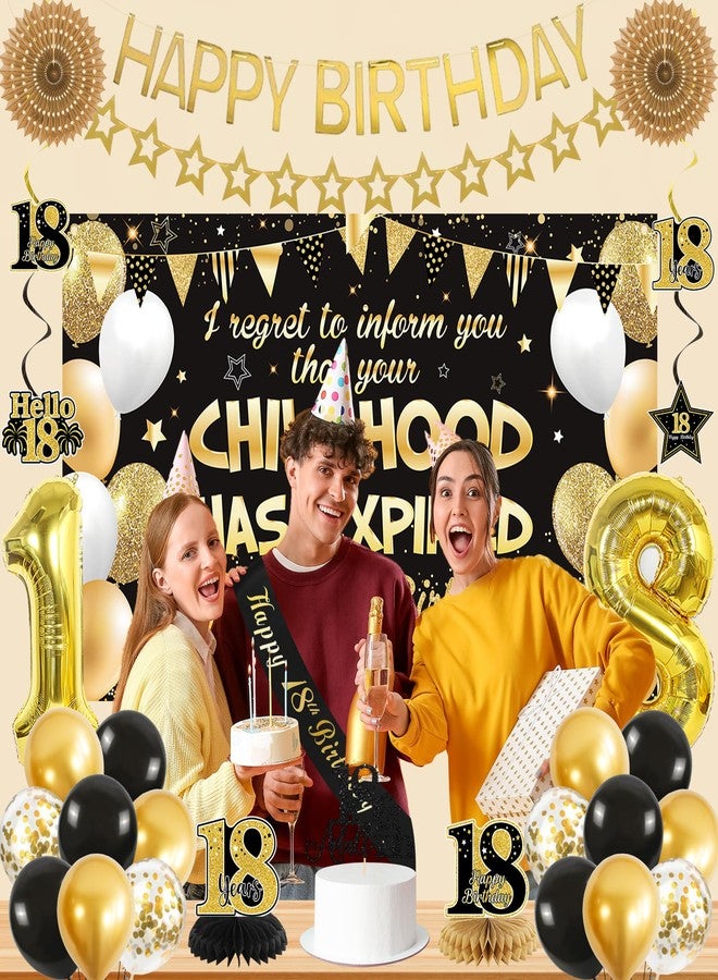زينة عيد ميلاد روتيس الثامن عشر للأولاد والبنات، لافتة عيد ميلاد سعيد 18 باللونين الأسود والذهبي، وشاح، بالونات، قطع مركزية، زينة كعكة، لوازم حفلات "انتهت الطفولة" (18 عامًا)، خلفية تصوير - Image 5