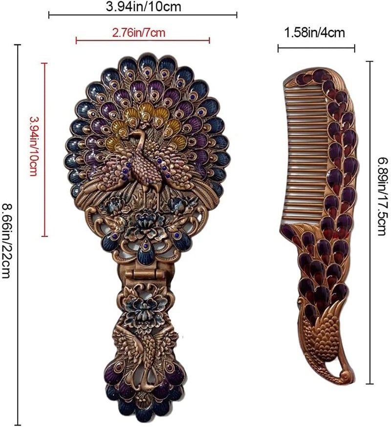 cheekyglo Handheld Mirror Unique Comb Set,Foldable Vintage Hand Mirror Retro Portable Purple Blue Peacock Makeup Mirror Metal Dresser Bronze Mirror Decorative Pocket Cosmetic Mirror Travel Personality Gift - Image 2