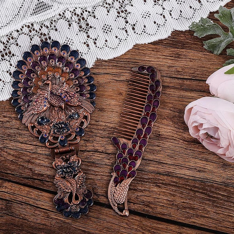 cheekyglo Handheld Mirror Unique Comb Set,Foldable Vintage Hand Mirror Retro Portable Purple Blue Peacock Makeup Mirror Metal Dresser Bronze Mirror Decorative Pocket Cosmetic Mirror Travel Personality Gift - Image 5