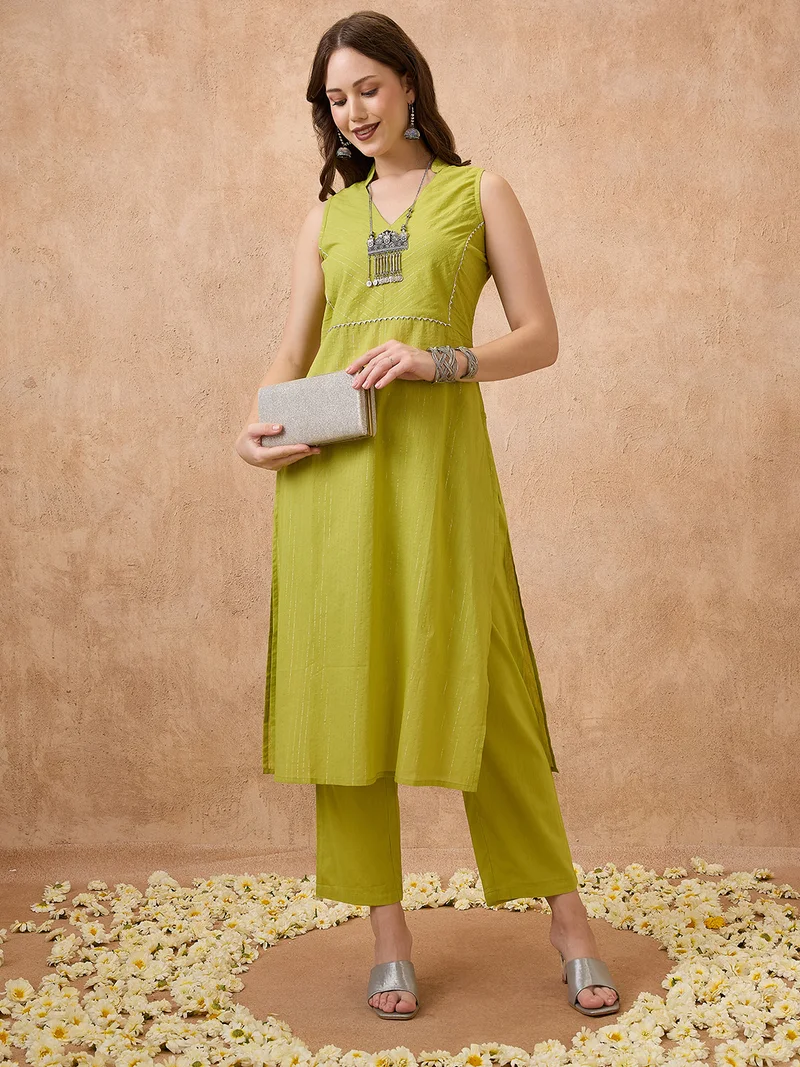 globus Women Gotta Patti Yoke Detail V-Neck Lurex Work Festive Kurta & Straight Pants Set