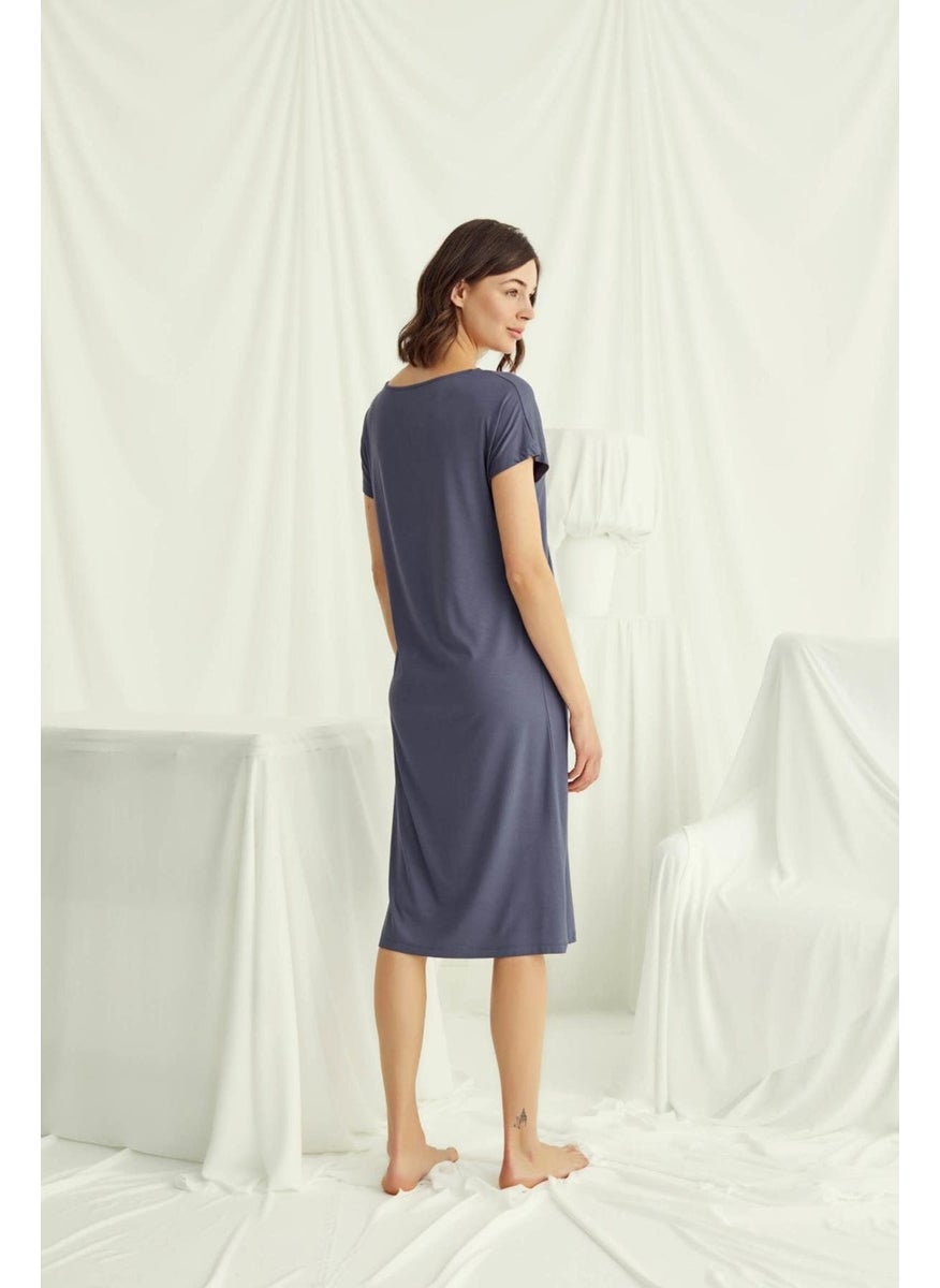 Monamise 18503 Women's V-Neck Short Sleeve Nightgown-Navy Blue  - Image 4
