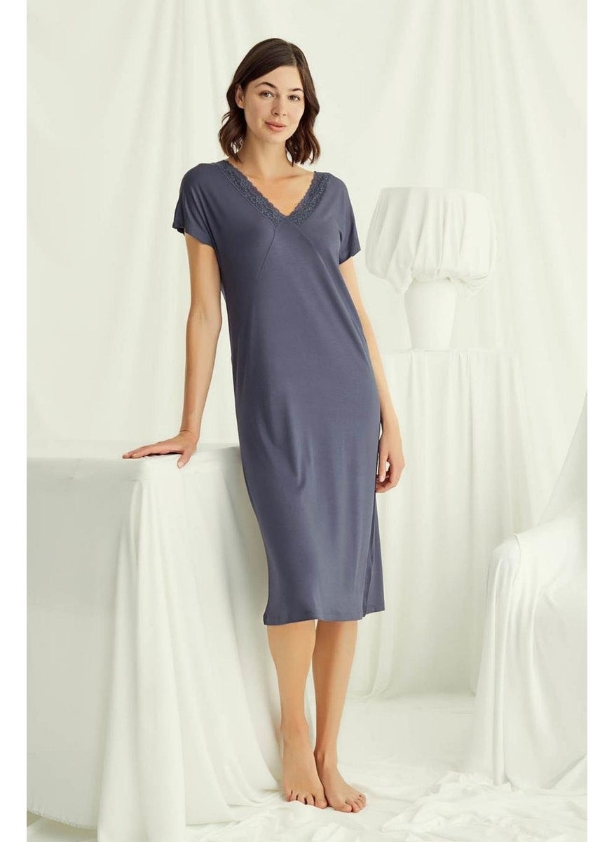 Monamise 18503 Women's V-Neck Short Sleeve Nightgown-Navy Blue  - Image 3