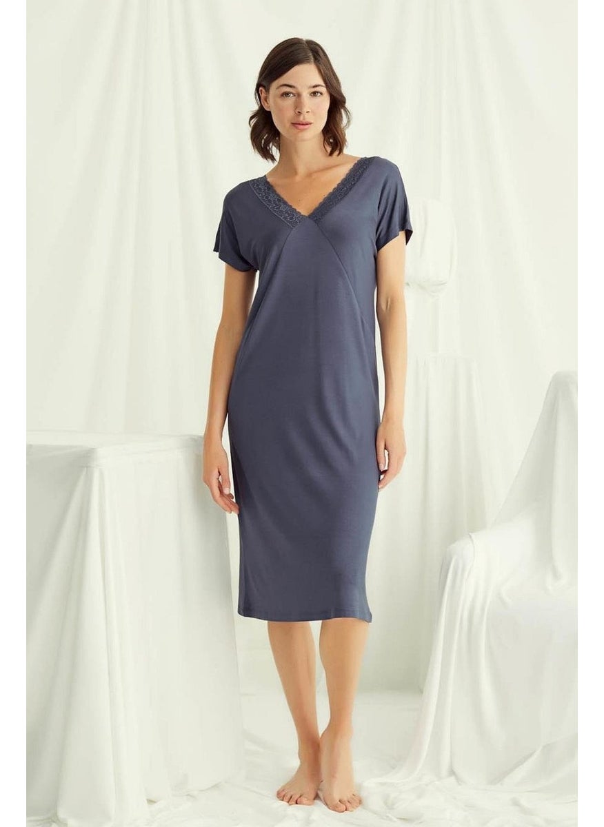 Monamise 18503 Women's V-Neck Short Sleeve Nightgown-Navy Blue  - Image 2