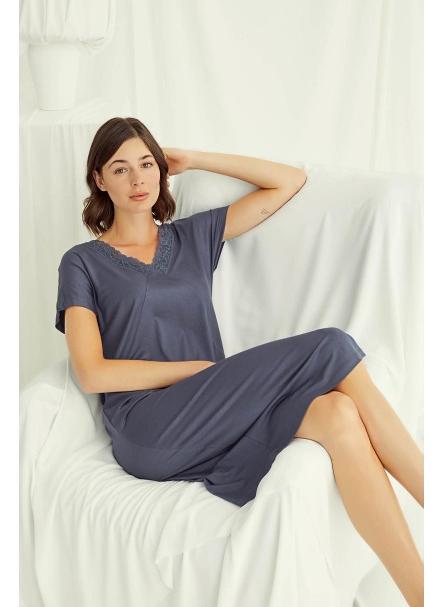 Monamise 18503 Women's V-Neck Short Sleeve Nightgown-Navy Blue  - Image 1
