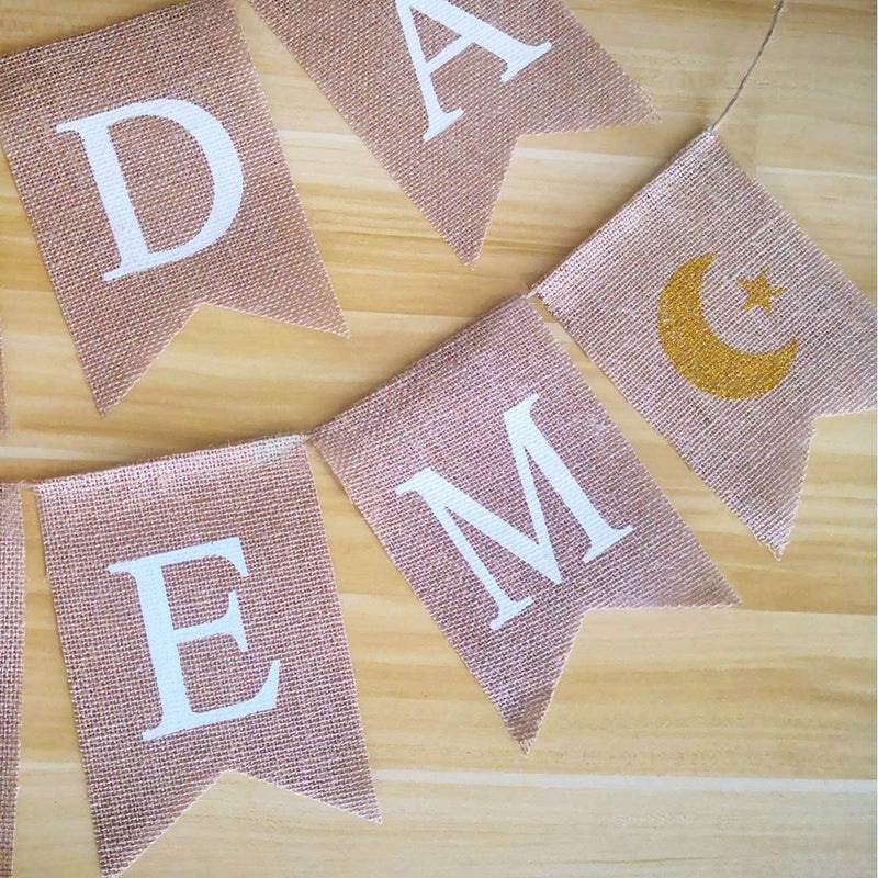 Acekar Different assemble options 2 Pack Rustic Ramadan Kareem Burlap Banner - Natural & Golden, Perfect for Mantle, Fireplace & Party Decor Natural material - Image 3