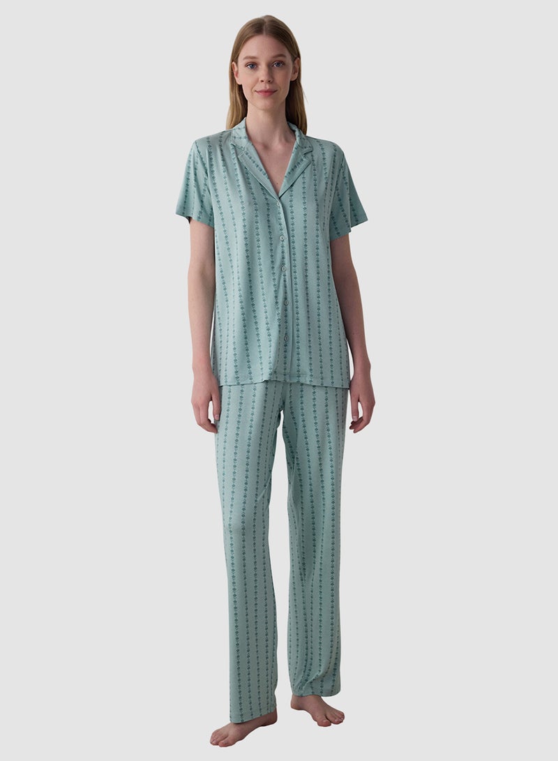 Penti Mint Green Lenna Striped Shirt Collar Pyjama Set - Image 1