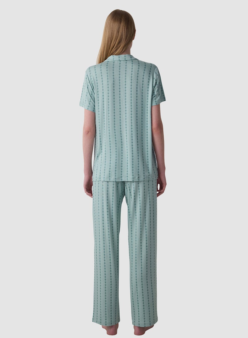 Penti Mint Green Lenna Striped Shirt Collar Pyjama Set - Image 2