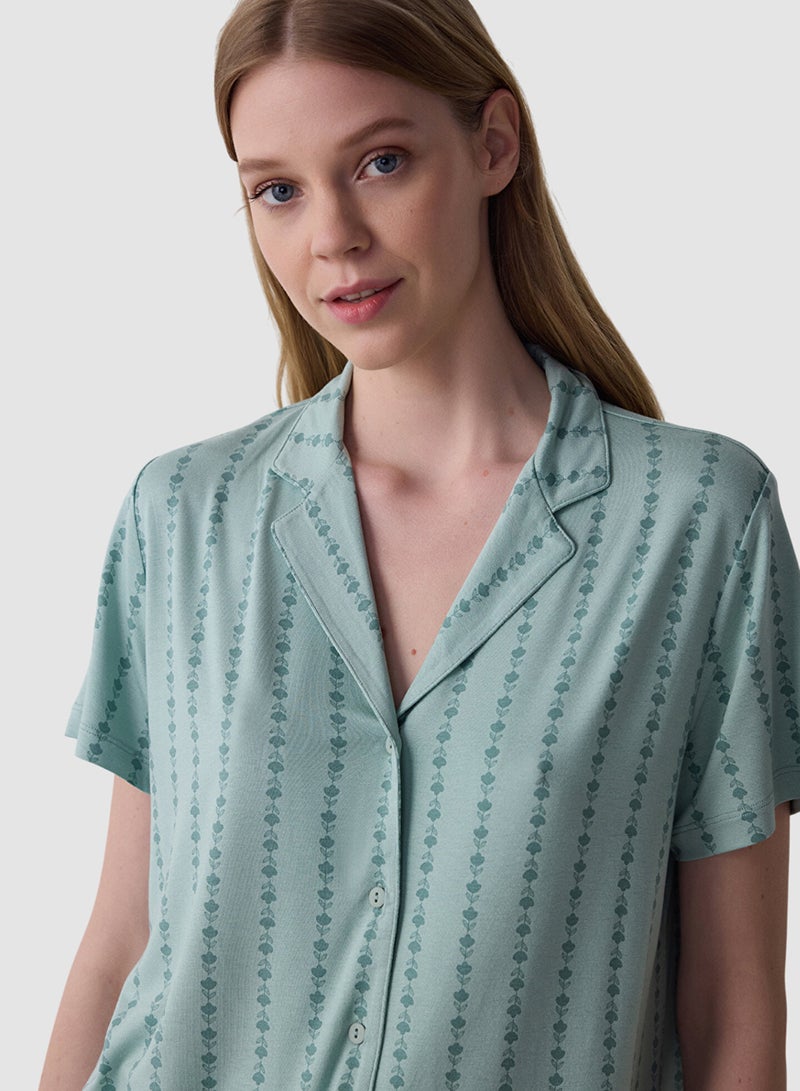 Penti Mint Green Lenna Striped Shirt Collar Pyjama Set - Image 3