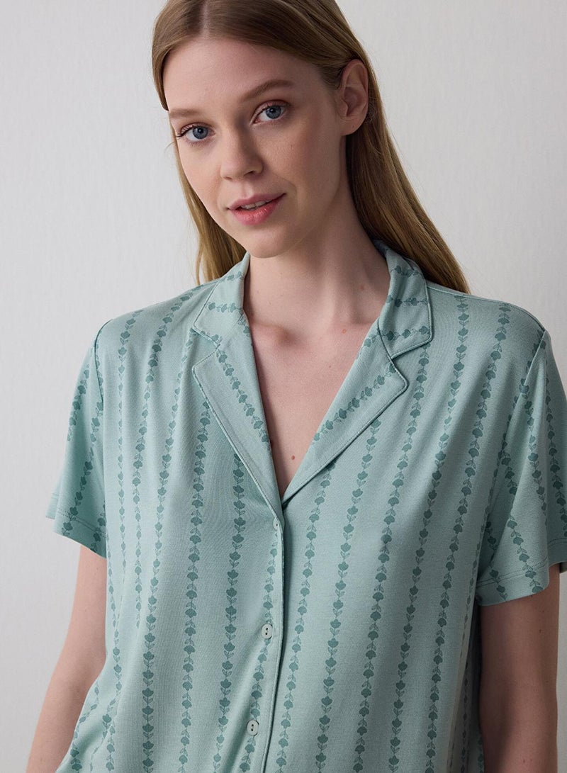 Penti Mint Green Lenna Striped Shirt Collar Pyjama Set - Image 2