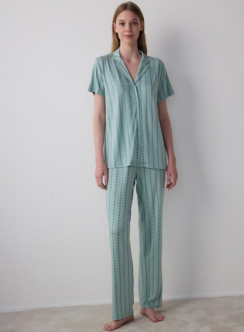 Penti Mint Green Lenna Striped Shirt Collar Pyjama Set - Image 1