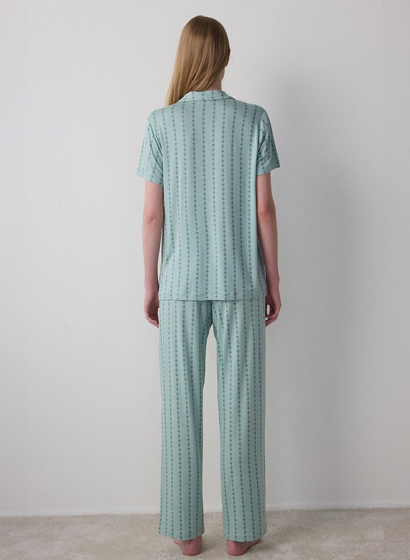 Penti Mint Green Lenna Striped Shirt Collar Pyjama Set - Image 4